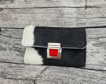 Cowhide purse "XL", clutch made of cowhide in black and white, 20 x 13 cm