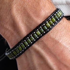 Men's Jade and Hematite Beaded Bracelet, Green, Adjustable Macrame Sliding Knot, Triple-Row Woven, Healing Stone