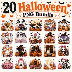 Halloween PNG Bundle 20 Designs, Boho Farmhouse Ghost Pumpkin Clipart, Buffalo Plaid Sublimation, Cute Skeleton Cozy Fall Shirt Design PNG