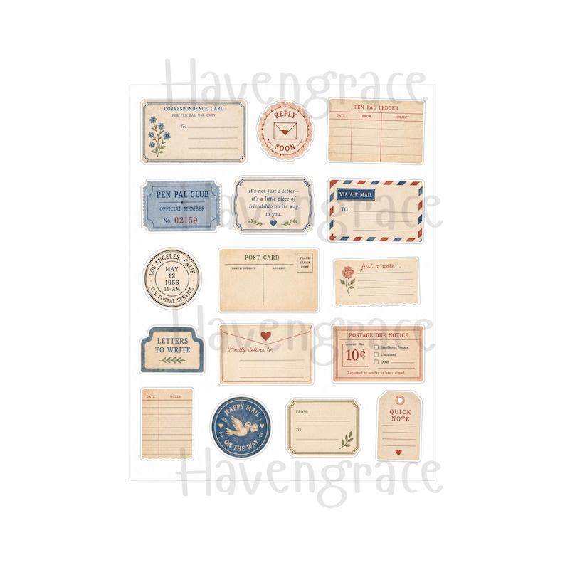 Puede incluir: Una colecci&oacute;n de pegatinas de papel de estilo vintage con varios temas postales, incluyendo tarjetas de correspondencia, postales, sobres de correo a&eacute;reo y formularios con dise&ntilde;os en tinta beige, azul y roja sobre una hoja blanca.