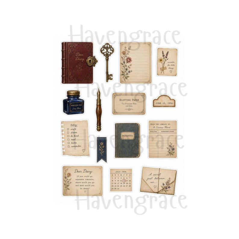 Puede incluir: Una colecci&oacute;n de pegatinas de papeler&iacute;a de estilo vintage que incluye un diario rojo oscuro con candado, una llave de lat&oacute;n, un tintero azul, una pluma estilogr&aacute;fica, papel rayado con motivos florales, un calendario de julio de 1954 y etiquetas.