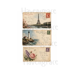 Puede incluir: Tres postales de estilo antiguo con ilustraciones en tonos sepia. La tarjeta superior muestra la Torre Eiffel en Par&iacute;s, la central representa un faro en una costa rocosa y la inferior muestra un ramo de rosas rosadas y lilas moradas.