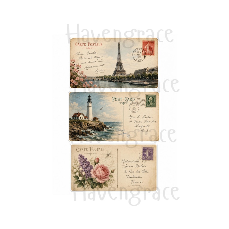 Puede incluir: Tres postales de estilo antiguo con ilustraciones en tonos sepia. La tarjeta superior muestra la Torre Eiffel en Par&iacute;s, la central representa un faro en una costa rocosa y la inferior muestra un ramo de rosas rosadas y lilas moradas.