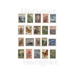 Puede incluir: Una colecci&oacute;n de veinte sellos postales antiguos dispuestos en una cuadr&iacute;cula, con diversas ilustraciones que incluyen monta&ntilde;as, flores, mariposas, barcos, trenes, b&uacute;hos y monumentos arquitect&oacute;nicos de varios pa&iacute;ses con sus respectivos nombres.