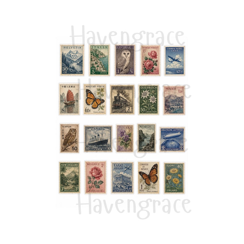 Puede incluir: Una colecci&oacute;n de veinte sellos postales antiguos dispuestos en una cuadr&iacute;cula, con diversas ilustraciones que incluyen monta&ntilde;as, flores, mariposas, barcos, trenes, b&uacute;hos y monumentos arquitect&oacute;nicos de varios pa&iacute;ses con sus respectivos nombres.