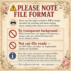 Puede incluir: Un gr&aacute;fico informativo con un borde floral vintage, titulado PLEASE NOTE - FILE FORMAT. Explica que son im&aacute;genes JPEG planas de alta resoluci&oacute;n para imprimir y cortar a mano, sin fondos transparentes ni archivos de corte listos para usar.