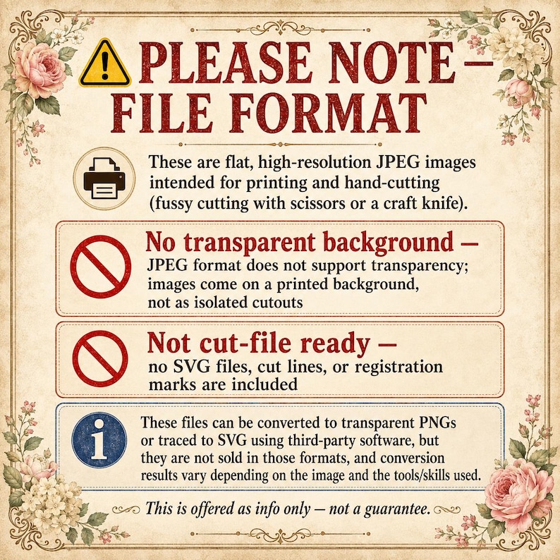 Puede incluir: Un gr&aacute;fico informativo con un borde floral vintage, titulado PLEASE NOTE - FILE FORMAT. Explica que son im&aacute;genes JPEG planas de alta resoluci&oacute;n para imprimir y cortar a mano, sin fondos transparentes ni archivos de corte listos para usar.