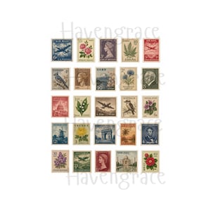 Puede incluir: Una colecci&oacute;n de veinticinco sellos postales antiguos dispuestos en una cuadr&iacute;cula. Los sellos presentan diversas ilustraciones que incluyen aviones, flores, monumentos y retratos, con varias denominaciones y nombres de pa&iacute;ses impresos en cada sello individual.