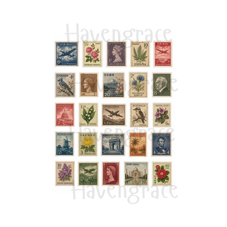 Puede incluir: Una colecci&oacute;n de veinticinco sellos postales antiguos dispuestos en una cuadr&iacute;cula. Los sellos presentan diversas ilustraciones que incluyen aviones, flores, monumentos y retratos, con varias denominaciones y nombres de pa&iacute;ses impresos en cada sello individual.