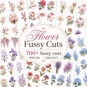 May include: A digital collection of floral illustrations titled Flower Fussy Cuts, featuring over 700 individual botanical images including roses, hydrangeas, lavender, and irises in various shades of pink, purple, blue, and white on white.