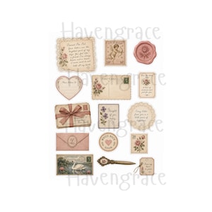 Puede incluir: Una colecci&oacute;n de pegatinas de papel estilo vintage con motivos de papeler&iacute;a, que incluye una carta manuscrita, un sello de cupido, un sello de cera, una nota en forma de coraz&oacute;n, una postal, sobres con lazo, etiquetas florales y un cisne.