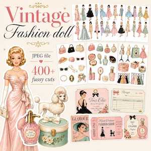 Puede incluir: Una colección digital de recortes de papel de muñecas de moda vintage que presenta varias figuras ilustradas con vestidos, accesorios como bolsos, frascos de perfume, sombreros y joyas, junto con recibos de boutique y entradas para desfiles.