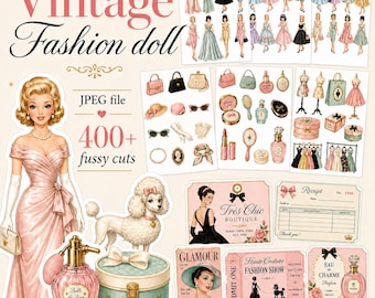 Muñeca de moda de los años 50 con cortes elaborados / Artículos efímeros de glamour retro, etiquetas (descarga digital)