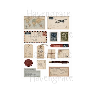 Puede incluir: Una colecci&oacute;n de pegatinas de estilo vintage con tem&aacute;tica de viajes que incluye un mapa mundial, sobres de correo a&eacute;reo, sellos, etiquetas de equipaje, un sello de cera, una pluma estilogr&aacute;fica y telegramas con textos como Par Avion y Air Mail.
