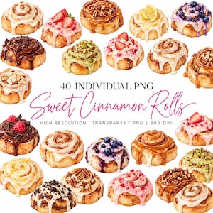 May include: A collection of 40 individual PNG digital graphics featuring various sweet cinnamon rolls with toppings like strawberries, blueberries, pecans, chocolate, and lemon glaze, labeled 40 INDIVIDUAL PNG Sweet Cinnamon Rolls.