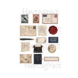 Puede incluir: Una colecci&oacute;n de pegatinas de papeler&iacute;a de estilo vintage que incluye sobres de correo a&eacute;reo, sellos con motivos florales y de aves, una postal escrita a mano, una lista de tareas, un sello de cera roja, una pluma estilogr&aacute;fica y un diario.