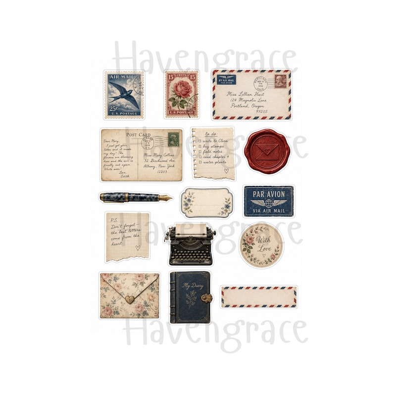 Puede incluir: Una colecci&oacute;n de pegatinas de papeler&iacute;a de estilo vintage que incluye sobres de correo a&eacute;reo, sellos con motivos florales y de aves, una postal escrita a mano, una lista de tareas, un sello de cera roja, una pluma estilogr&aacute;fica y un diario.