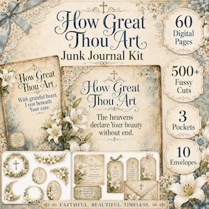 Peut inclure: Un kit de junk journal numérique intitulé How Great Thou Art comprenant 60 pages, 500+ découpes, 3 pochettes et 10 enveloppes. Le design présente des motifs floraux vintage crème et bleu, des lys blancs, des croix et des textes religieux.