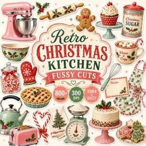 Op de afbeelding: Een verzameling kerst-thema keukenillustraties waaronder een roze keukenmixer, een deegroller, een peperkoekmannetje, een cupcake, een suikerbus, een kom, een mok, een snoeppot, een want, een taart, een garde, een receptenkaart, een schort, een waterkoker, een broodrooster, een theedoek, een weegschaal, een taart en koekjes met de tekst Retro Christmas KITCHEN FUSSY CUTS 800+ 300 DPI 3584 x 5377.