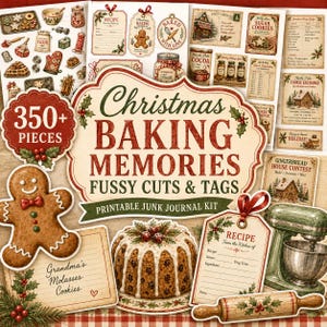 Op de afbeelding: Een printbare junk journal kit getiteld Christmas Baking Memories Fussy Cuts & Tags met meer dan 350 onderdelen. De collectie bevat vintage-stijl illustraties van peperkoekmannetjes, taarten, receptenkaarten en keukengerei.