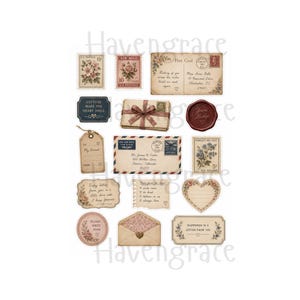 Puede incluir: Una colecci&oacute;n de pegatinas de papel de estilo vintage que incluye sellos postales florales, postales con texto manuscrito, sobres, un sello de cera, etiquetas de regalo y notas en forma de coraz&oacute;n en tonos beige, marr&oacute;n y azul apagados.