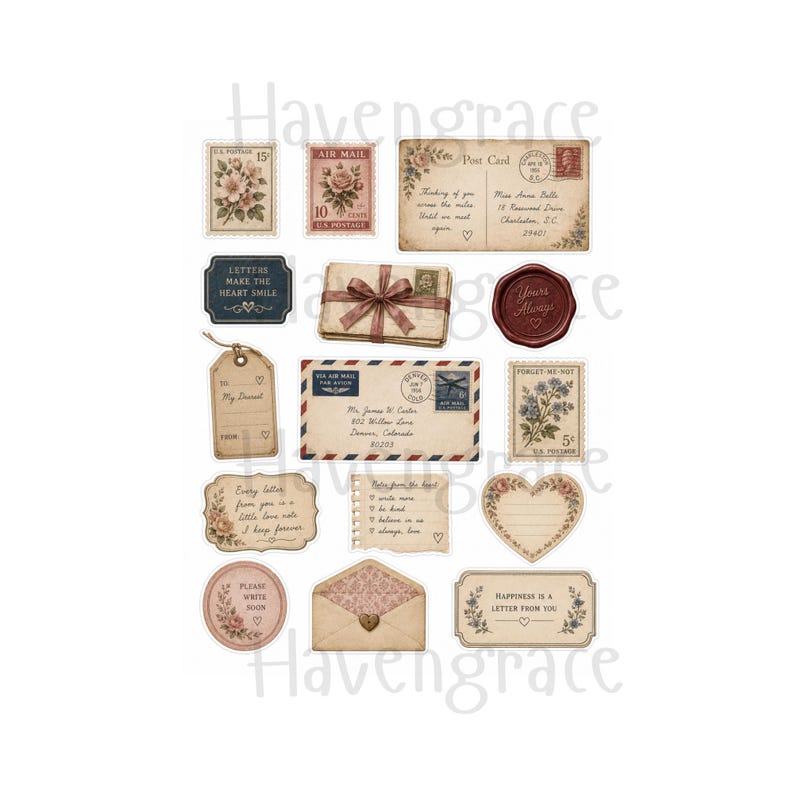 Puede incluir: Una colecci&oacute;n de pegatinas de papel de estilo vintage que incluye sellos postales florales, postales con texto manuscrito, sobres, un sello de cera, etiquetas de regalo y notas en forma de coraz&oacute;n en tonos beige, marr&oacute;n y azul apagados.