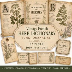 May include: A collection of vintage-style paper ephemera including dictionary pages with botanical illustrations of herbs, a tag with a thyme drawing, and various labels featuring French text like Dictionnaire des Herbes and Lavande.