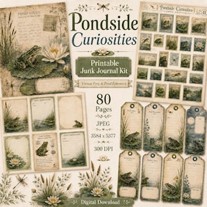 Puede incluir: Un kit de diario basura digital titulado Pondside Curiosities con efímeros de estilo vintage de ranas y estanques. La colección incluye 80 páginas de papelería imprimible, etiquetas y diseños de sellos postales con ilustraciones de ranas.