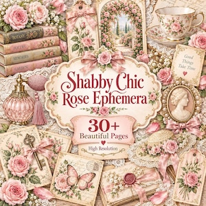 Può includere: Una collezione di effimeri in stile vintage con rose rosa, pizzo, libri, una tazza da tè, una farfalla e un cammeo. L'etichetta centrale recita Shabby Chic Rose Ephemera 30+ Beautiful Pages High Resolution. Altro testo include Good Things Take Time.