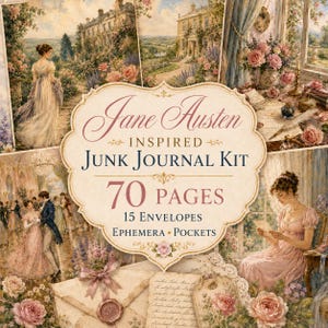Può includere: Un kit per junk journal ispirato a Jane Austen con 70 pagine, 15 buste, effimeri e tasche. Il design presenta illustrazioni in stile vintage con persone in abiti d'epoca, tenute signorili e composizioni floreali in colori pastello.