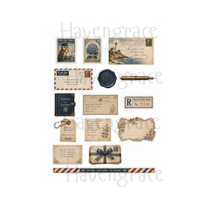 Puede incluir: Una colecci&oacute;n de pegatinas de papel de estilo vintage que incluye un sello de b&uacute;ho, un sello de hortensia, una postal de faro, un sobre de correo a&eacute;reo, un sello de cera, una pluma estilogr&aacute;fica, un diario azul, un telegrama, una etiqueta y un paquete.