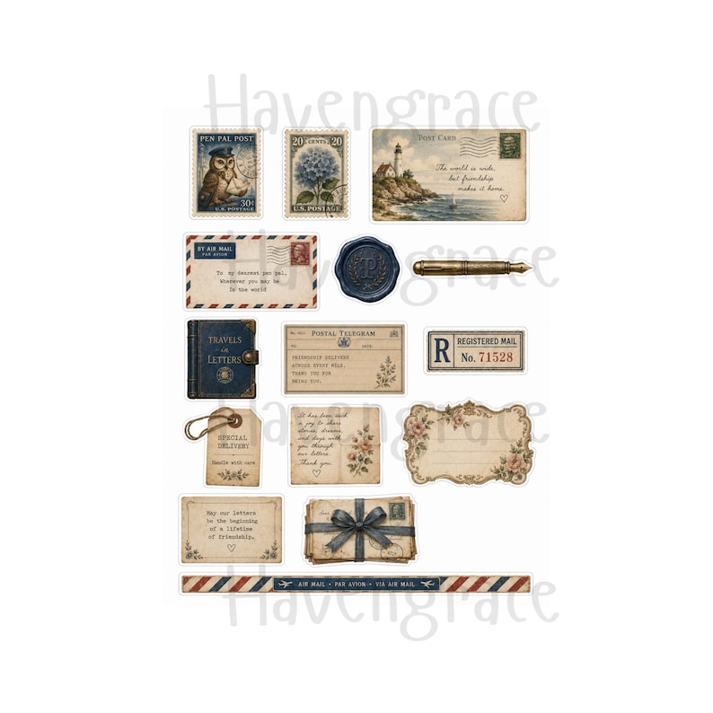 Puede incluir: Una colecci&oacute;n de pegatinas de papel de estilo vintage que incluye un sello de b&uacute;ho, un sello de hortensia, una postal de faro, un sobre de correo a&eacute;reo, un sello de cera, una pluma estilogr&aacute;fica, un diario azul, un telegrama, una etiqueta y un paquete.