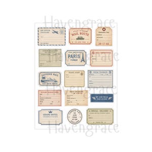 Puede incluir: Una colecci&oacute;n de etiquetas de papel de estilo vintage con dise&ntilde;os de tem&aacute;tica viajera. El conjunto incluye varias pegatinas rectangulares y con formas con texto impreso como Air Letter, Mail Route, Paris France, Souvenir Mail y Special Delivery.