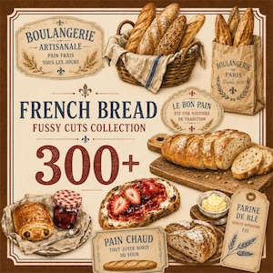 May include: A collection of bakery-themed illustrations featuring a wicker basket of baguettes, a paper bag labelled Boulangerie de Paris, sliced bread on a wooden board, a strawberry jam tart, a pastry, and labels with text including French Bread.