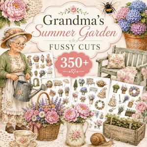May include: A collection of Grandma's Summer Garden fussy cuts featuring over 350 floral and garden-themed paper die-cuts. The set includes illustrations of an elderly woman with a watering can, flower baskets, garden benches, and potted plants.