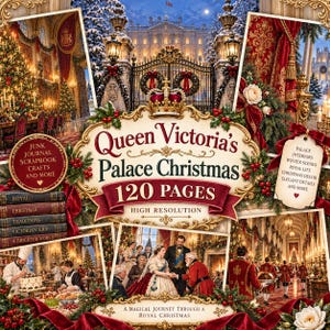 Pode incluir: Uma colagem digital intitulada Queen Victoria's Palace Christmas contendo 120 páginas de imagens em alta resolução. O design inclui molduras douradas ornamentadas, cenas de palácios de inverno, cortinas de veludo vermelho e decorações natalinas vitorianas.