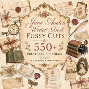 May include: A collection of vintage-style paper ephemera featuring the text Jane Austen Writer's Desk FUSSY CUTS 550+ PRINTABLE EPHEMERA. The set includes illustrations of letters, a pocket watch, books, an inkwell, a teacup, and a portrait in a frame.