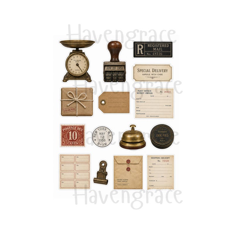 Puede incluir: Una colecci&oacute;n de pegatinas de papeler&iacute;a postal y de oficina de estilo vintage que incluye una b&aacute;scula de lat&oacute;n, un sello de fecha, un paquete con cuerda, un timbre de servicio, una almohadilla de tinta, un clip de metal, sellos y etiquetas.