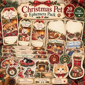 May include: A Christmas Pet Ephemera Pack featuring 20 pages of printable paper crafts. The collection includes gift tags, rectangular cards, and decorative strips displaying illustrations of dogs and cats in festive settings with fireplaces.