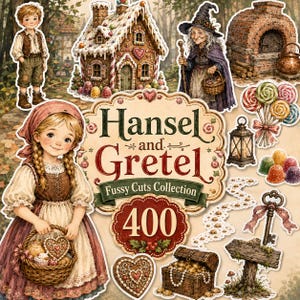 May include: A collection of Hansel and Gretel themed die-cut illustrations featuring a young boy, a girl with a basket, a gingerbread house, a witch, a brick oven, lollipops, a lantern, a key, a treasure chest, and a wooden sign.