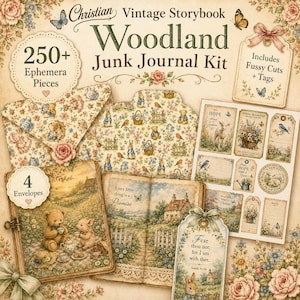 Könnte beinhalten: Ein Christian Vintage Storybook Woodland Junk Journal Kit mit über 250 Ephemera-Teilen, 4 Umschlägen, Fussy Cuts und Anhängern. Das Set enthält Papierbögen mit Illustrationen von Teddybären, Kaninchen, Blumen und dem Text Fear thou not.