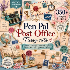 Peut inclure: Une collection d'éphémères en papier au thème vintage avec le texte Pen Pal Post Office Fussy cuts. Comprend des illustrations d'une machine à écrire turquoise, de stylos, de timbres, de sceaux de cire, d'enveloppes, de cartes et d'une tasse.