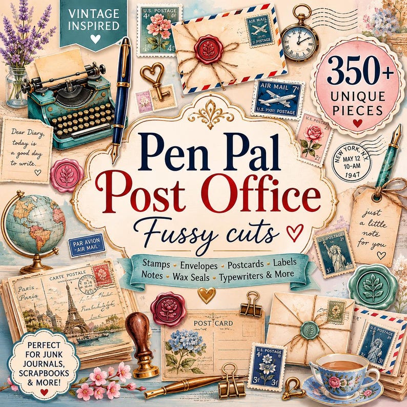 Puede incluir: Una colecci&oacute;n de ef&iacute;meros de papel con tem&aacute;tica vintage que incluye el texto Pen Pal Post Office Fussy cuts. Contiene ilustraciones de una m&aacute;quina de escribir turquesa, plumas, sellos, lacres, sobres, postales, un globo terr&aacute;queo y una taza.