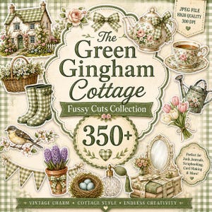 Può includere: Una collezione digitale di illustrazioni a tema cottage che include una casa, una teiera, una tazza, un cesto, stivali, un uccellino, fiori, un annaffiatoio, uno specchio e un flacone di profumo. Il testo recita The Green Gingham Cottage.