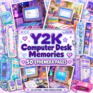 May include: A digital collage featuring Y2K computer desk memories with 50 ephemera pages. The design includes retro computer monitors, towers, CDs, and keyboards in pastel purple and blue hues, decorated with hearts, butterflies, and stars.