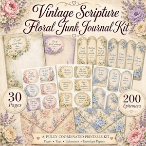 May include: A printable junk journal kit featuring floral designs and scripture text. Includes 30 pages and 200 ephemera pieces such as tags, bookmarks, and envelopes. The set displays various religious quotes in a vintage style with soft pastel colours.