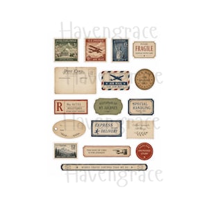 Puede incluir: Una colecci&oacute;n de pegatinas de papel de estilo vintage con temas postales, que incluye sellos con aviones y la Estatua de la Libertad, postales, etiquetas de env&iacute;o con texto como Fragile y Express Delivery, y bordes decorativos en tonos apagados.