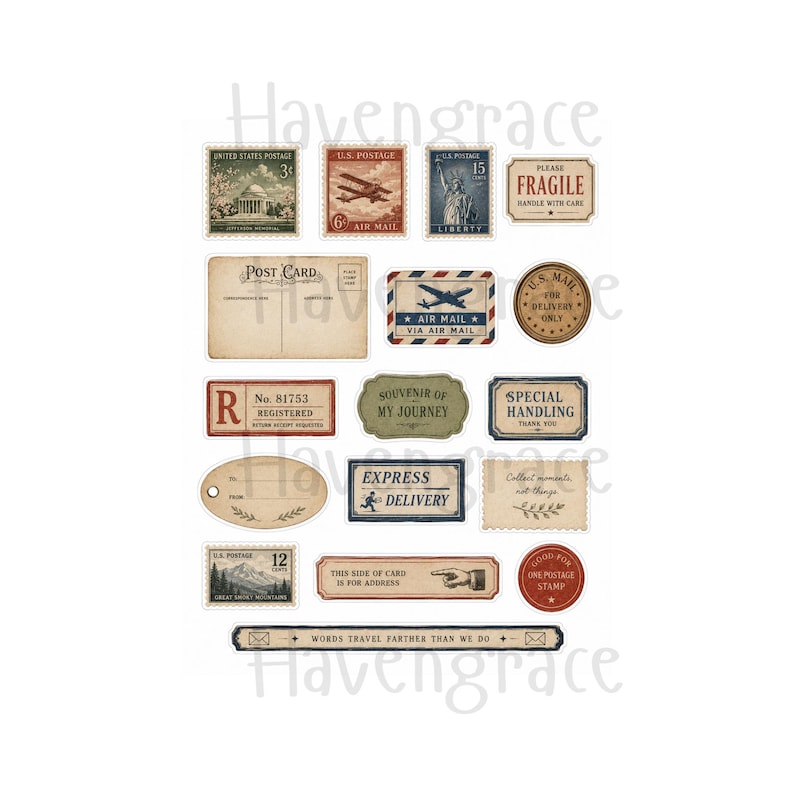 Puede incluir: Una colecci&oacute;n de pegatinas de papel de estilo vintage con temas postales, que incluye sellos con aviones y la Estatua de la Libertad, postales, etiquetas de env&iacute;o con texto como Fragile y Express Delivery, y bordes decorativos en tonos apagados.