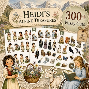 Può includere: Una collezione digitale di oltre 300 immagini da ritagliare intitolata Heidi's Alpine Treasures, con illustrazioni vintage di bambini, adulti, animali alpini, fiori e un cesto, presentate su tre fogli bianchi con uno sfondo montano.