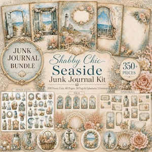 Pode incluir: Um kit de junk journal digital intitulado Shabby Chic Seaside Junk Journal Kit, contendo mais de 350 peças, incluindo recortes, etiquetas e efêmeros. A coleção exibe imagens costeiras com faróis, conchas, flores e cenas oceânicas em uma estética vintage e desgastada com tons de bege e azul.